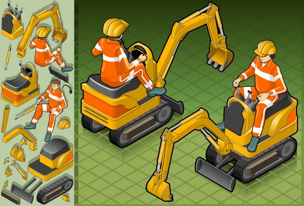Mini excavator izometric cu om la locul de muncă — Vector de stoc