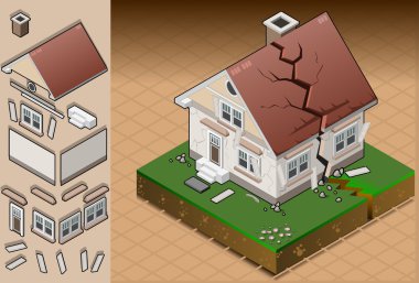 Isometric house hit by earthquake clipart