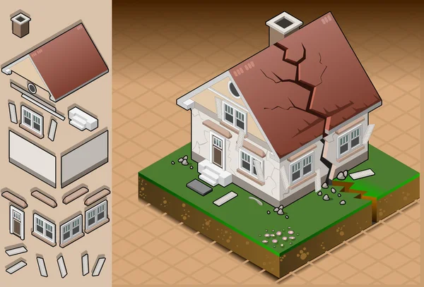Изометрический дом пострадал от землетрясения — стоковый вектор