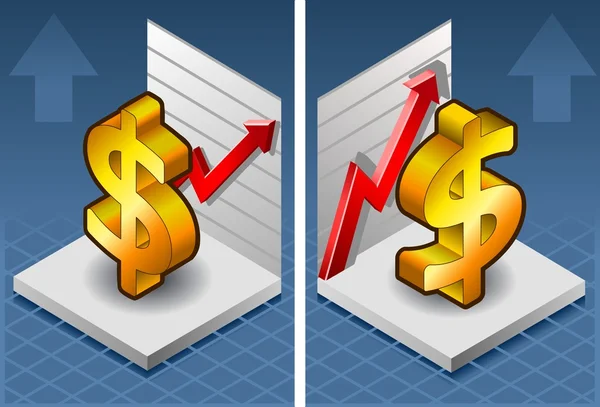 Isométrico símbolo del dólar con flecha roja hasta el intercambio — Vector de stock