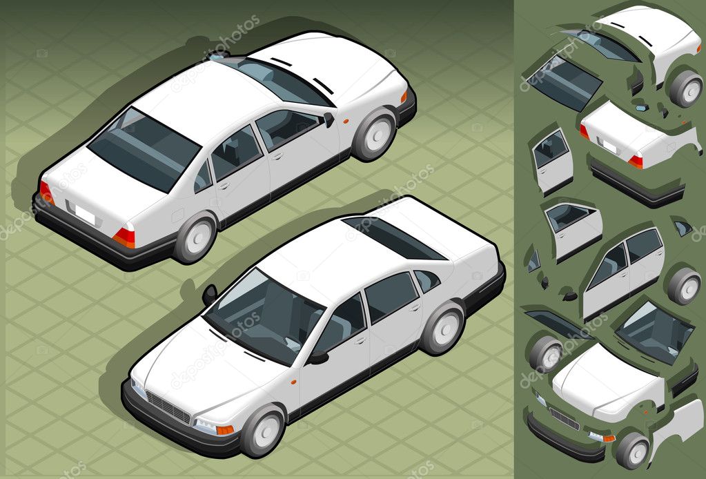 Isometric white car in two position