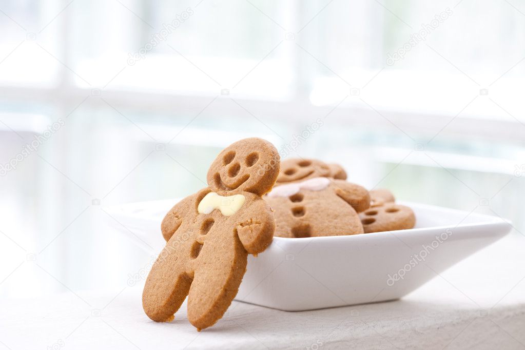 Freshly baked gingerbread biscuits in white plate
