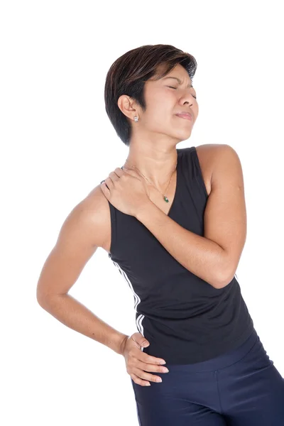 Genç kadının omuz ağrısı muzdarip — Stok fotoğraf