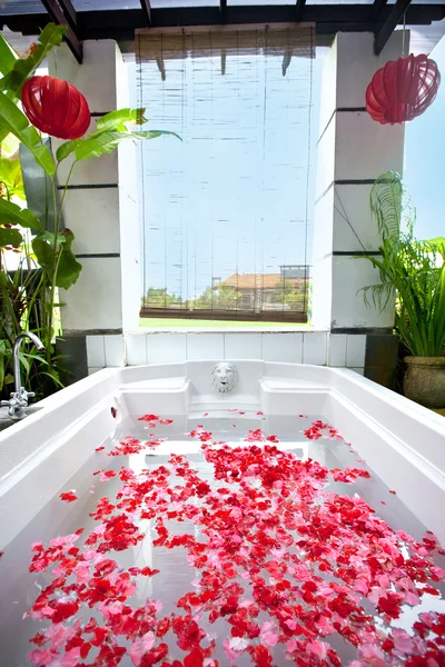 Baño de spa lleno de pétalos de rosa — Foto de Stock