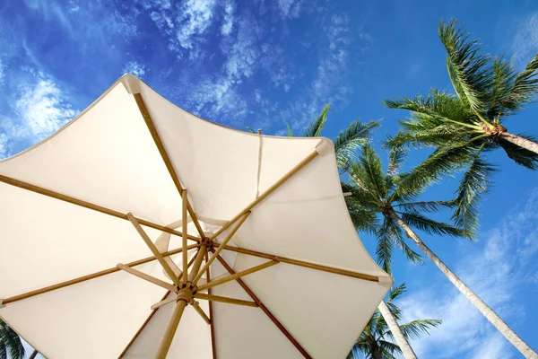 Parasol en palm bomen tegen tropische blauwe luchten — Stockfoto