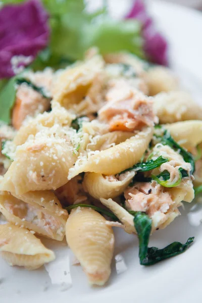 Heerlijke pasta met zalm en spinazie. — Stockfoto