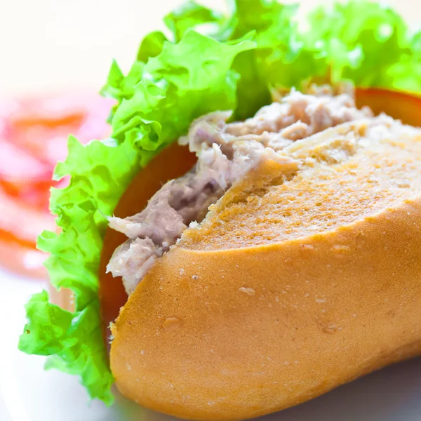 Roti lapis tuna yang lezat dan sehat dengan tomat dan salad . — Stok Foto