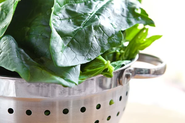 Fresh spinach in metal colander — Stock Photo, Image