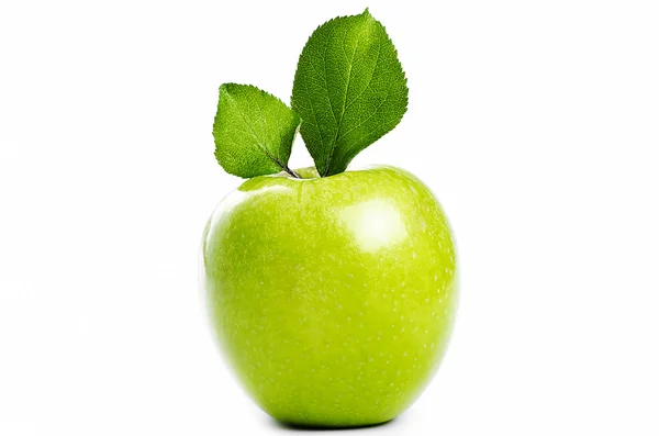 Manzana verde fresca con hoja —  Fotos de Stock