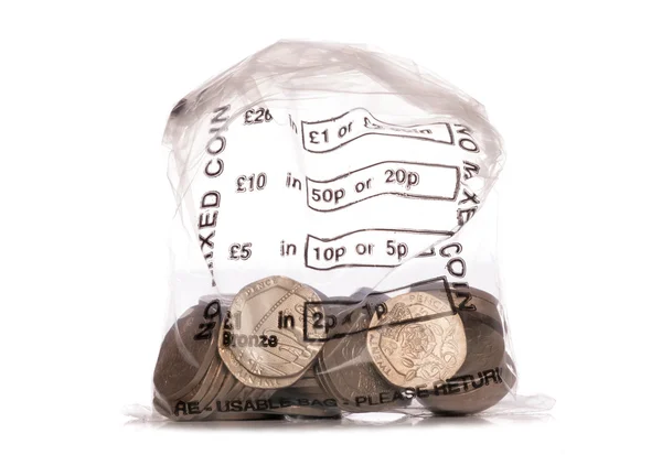 Money bag of sterling twenty pence coins — Stock Photo, Image