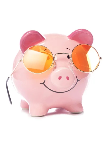 Piggy banco usando óculos de sol retro — Fotografia de Stock