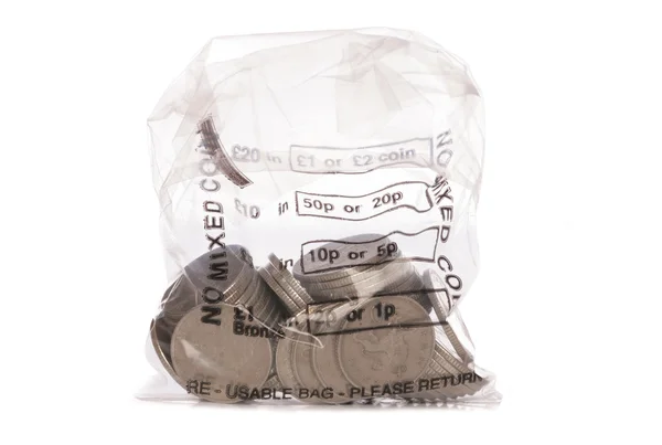 Money bag of sterling ten pence coins — Stock Photo, Image