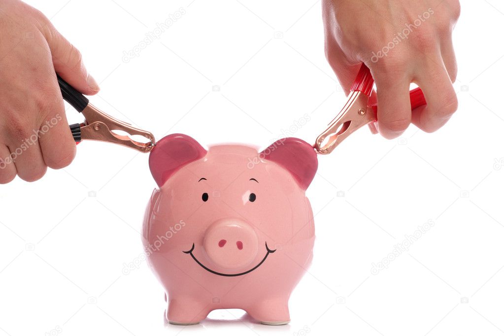 Piggy bank with man holding battery charger