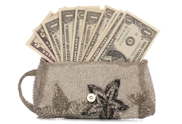 Silberhandtasche mit amerikanischen Dollars — Stockfoto