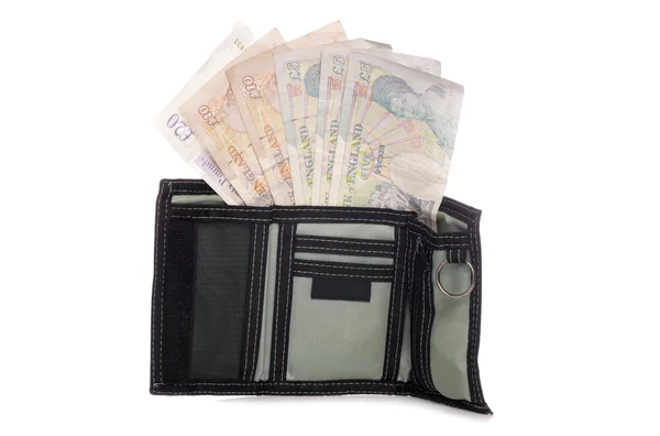 Мужской бумажник со стерлинговыми деньгами — стоковое фото