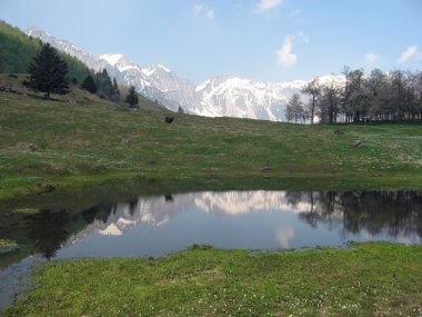 dağ bir dağ gölü baharda yansıtıyordu.