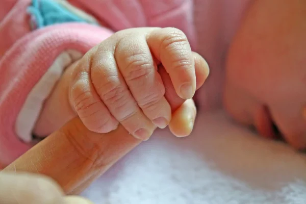 Baby shakes hands with his finger to his father — Stock Photo, Image