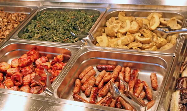 stock image Tray of a self-service buffet with meat and sliced