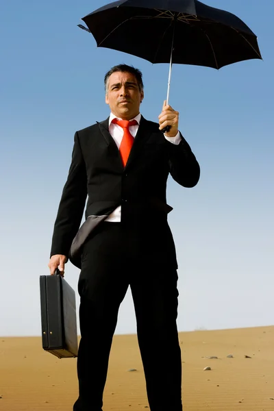 Een zakenman met een werkmap en een paraplu — Stockfoto