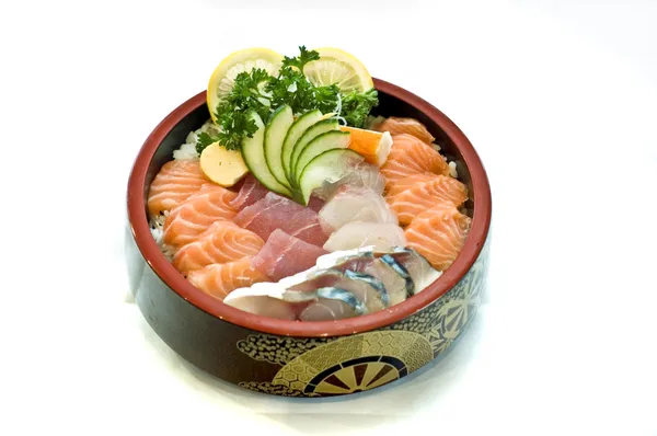 Comida Japonesa, Tazón de Sashimi, Pescado Crudo, Salmón, Atún —  Fotos de Stock