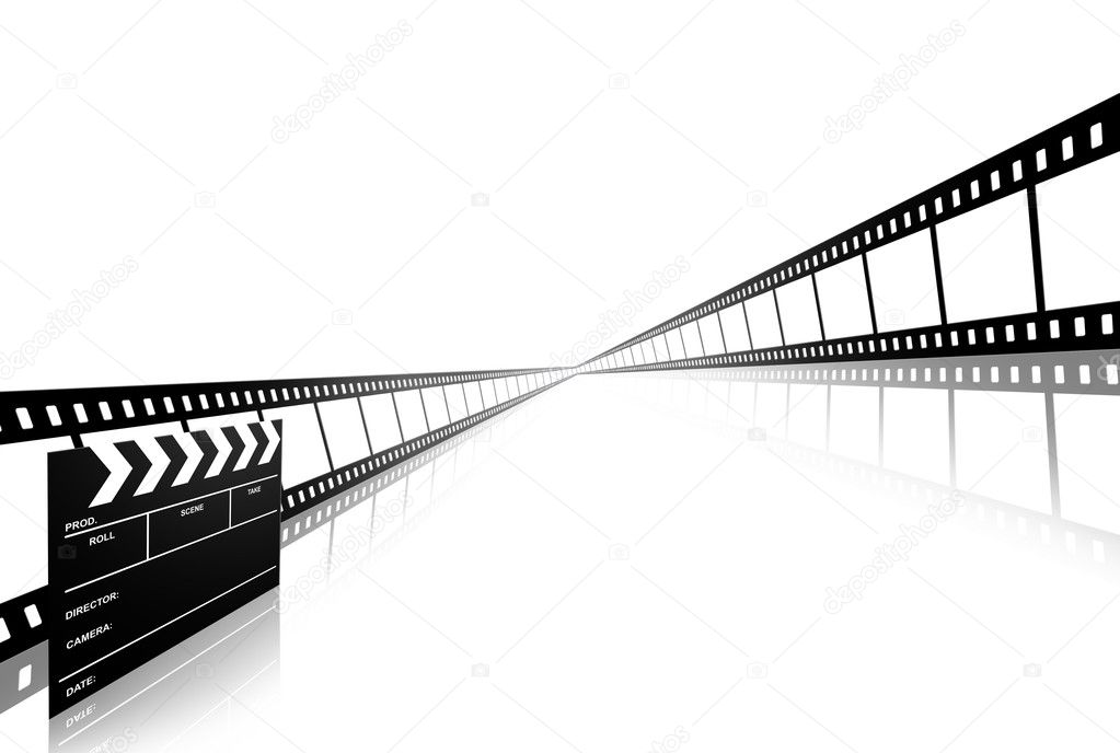 Clap board and film strip isolated on white