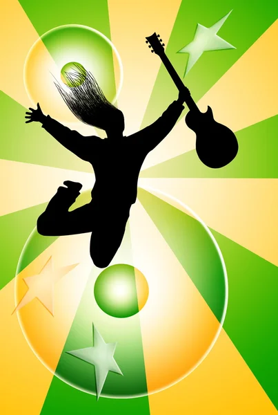 Jumping man with guitar silhouette on abstract background — Stock Photo, Image