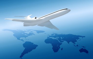 Plane on blue background with world map clipart