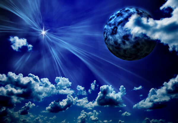 Abstract blue background with planet and star shining through the clouds