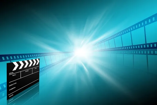 Clap Board Ameisenfilmstreifen auf blauem Hintergrund Stockbild
