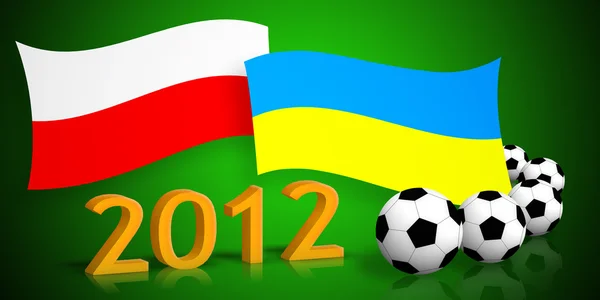 Πολωνικά & Ουκρανικά σημαίες, μπάλες ποδοσφαίρου και αριθμός 2012 — Φωτογραφία Αρχείου