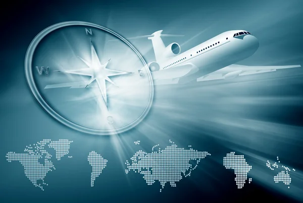 Самолет, компас, карты континента на синем фоне — стоковое фото