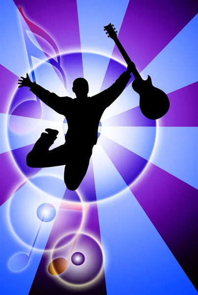 Skaczący Człowiek z gitara sylwetka na streszczenie tło — Zdjęcie stockowe