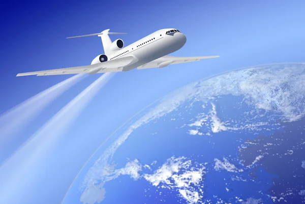 Vliegtuig over de aarde op blauwe achtergrond Stockfoto