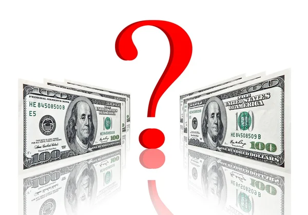 Question symbol between dollar banknotes — Stock Photo, Image