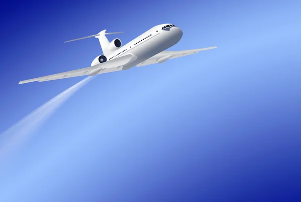 Flying airplane on blue background — Stock Photo, Image