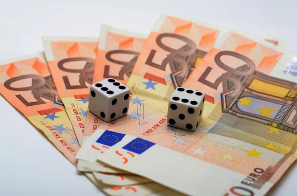 Double six dice on the 50 euro's notes — Stock Photo, Image