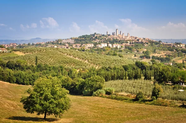 San Gimignano village and fields view — Stock Photo, Image