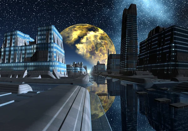 Noite estrelada sobre uma cidade alienígena - Cena de ficção científica Parte 1 — Fotografia de Stock