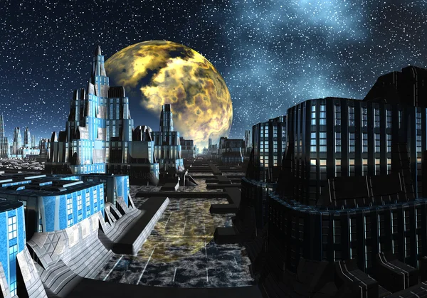Noite estrelada sobre uma cidade alienígena - Cena de ficção científica Parte 2 — Fotografia de Stock
