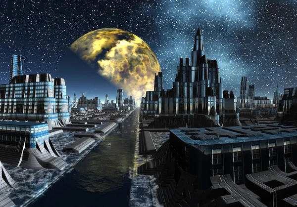 Noite estrelada sobre uma cidade alienígena - Cena de ficção científica Parte 3 — Fotografia de Stock