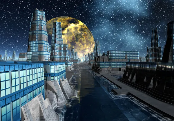 宇宙人の街 - サイエンス フィクション シーン第 4 部に架かる星月夜 — ストック写真