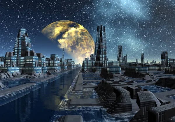 Noche estrellada sobre una ciudad alienígena - Escena de ciencia ficción Parte 5 — Foto de Stock