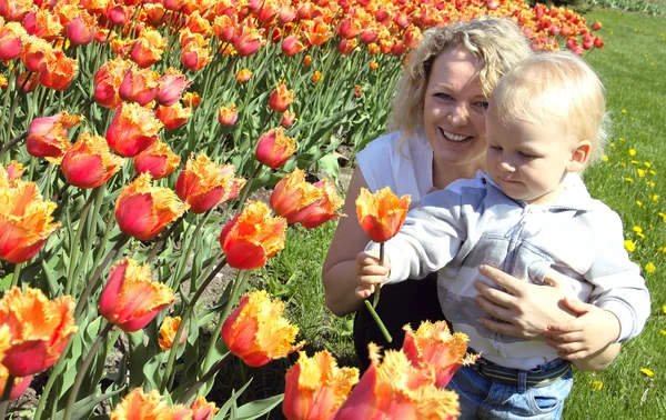 Mor och barn plocka en blomma — Stockfoto