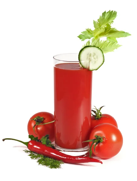 Sumo de tomate com legumes isolados — Fotografia de Stock