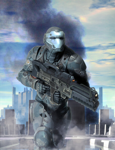 Futuristic soldier armor at war