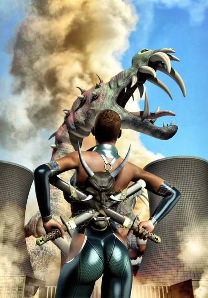 Futuristic warrior girl and monster — Stock Photo, Image
