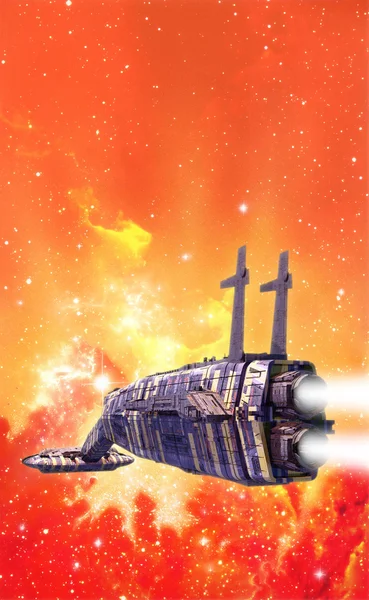 Космический корабль и оранжевая туманность — стоковое фото