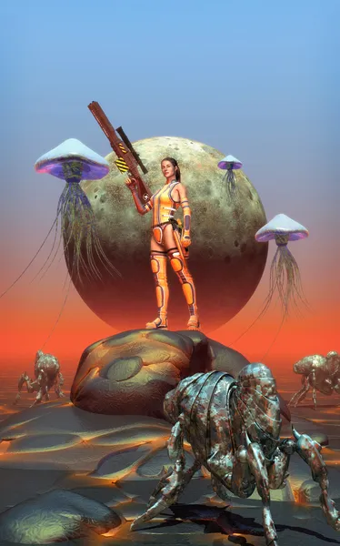 Futuristische warrior meisje op buitenaardse planeet — Stockfoto