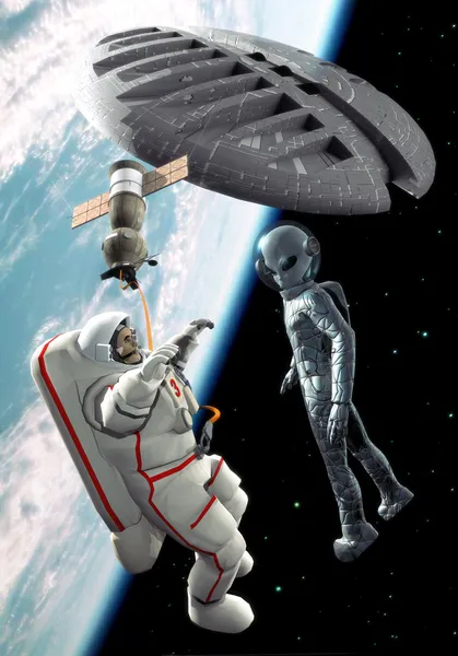 Ufo astronauta alienígena encontro espacial — Fotografia de Stock