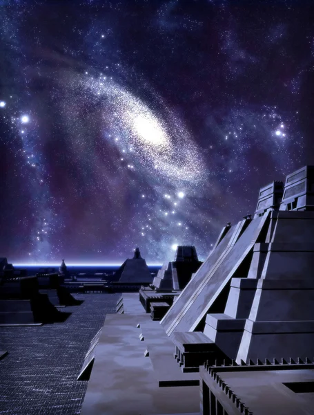 Ufo の外国人のマヤ寺院と銀河 — ストック写真